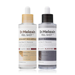 Dr.Melaxin Peel Shot Glow White and Black Rice Ampoule Duo, Soft Exfoliating Face and Body Scrub Dead Skin Cells