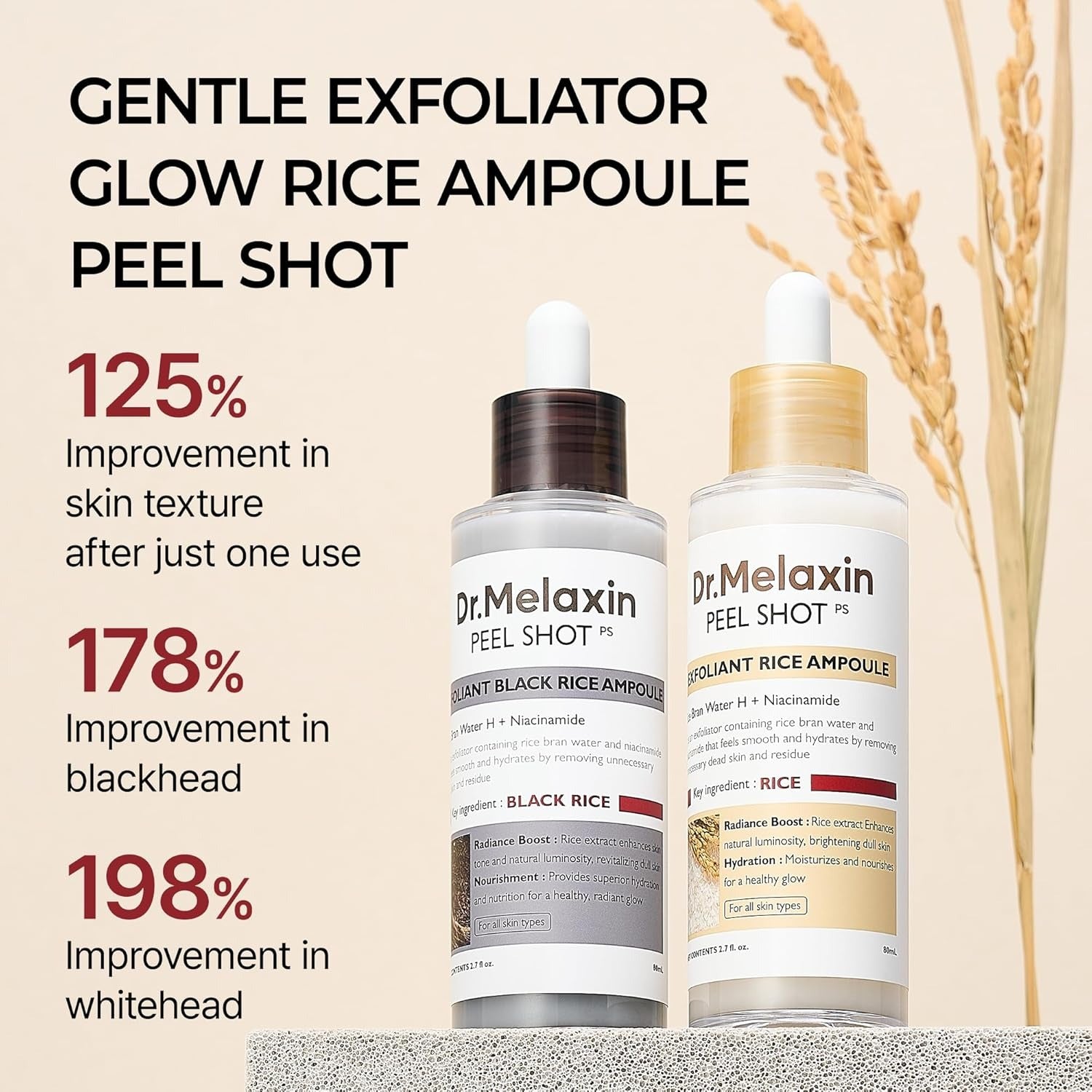 Dr.Melaxin Peel Shot Glow White and Black Rice Ampoule Duo, Soft Exfoliating Face and Body Scrub Dead Skin Cells