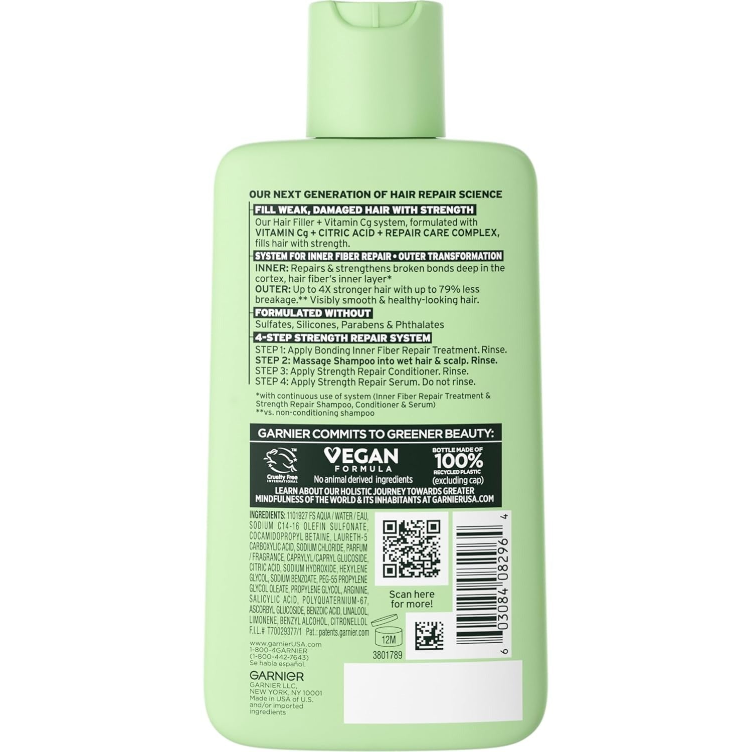 Garnier Fructis Hair Filler Strength Repair Shampoo with Vitamin Cg, Sulfate Free Shampoo for Weak, Damaged Hair, 10.1 Fl Oz, 1 Count