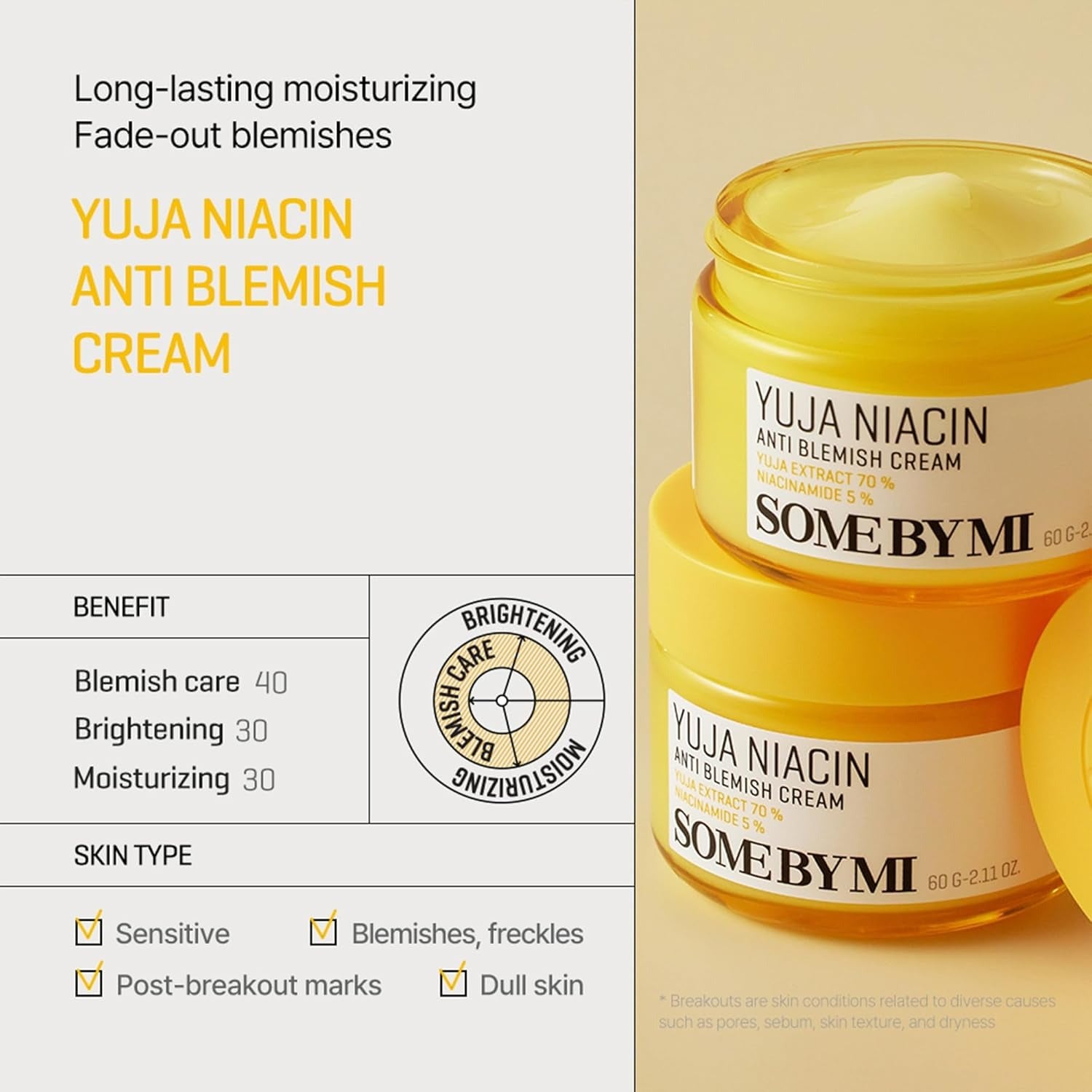 SOME BY MI Yuja Niacin Anti Blemish Cream – 2.02oz, 60ml – Korean 5% Niacinamide Face Moisturizer to Brighten Dull-Looking Skin – Dark Spot Remover with Alpha-Bisabolol for Face – Korean Skin Care