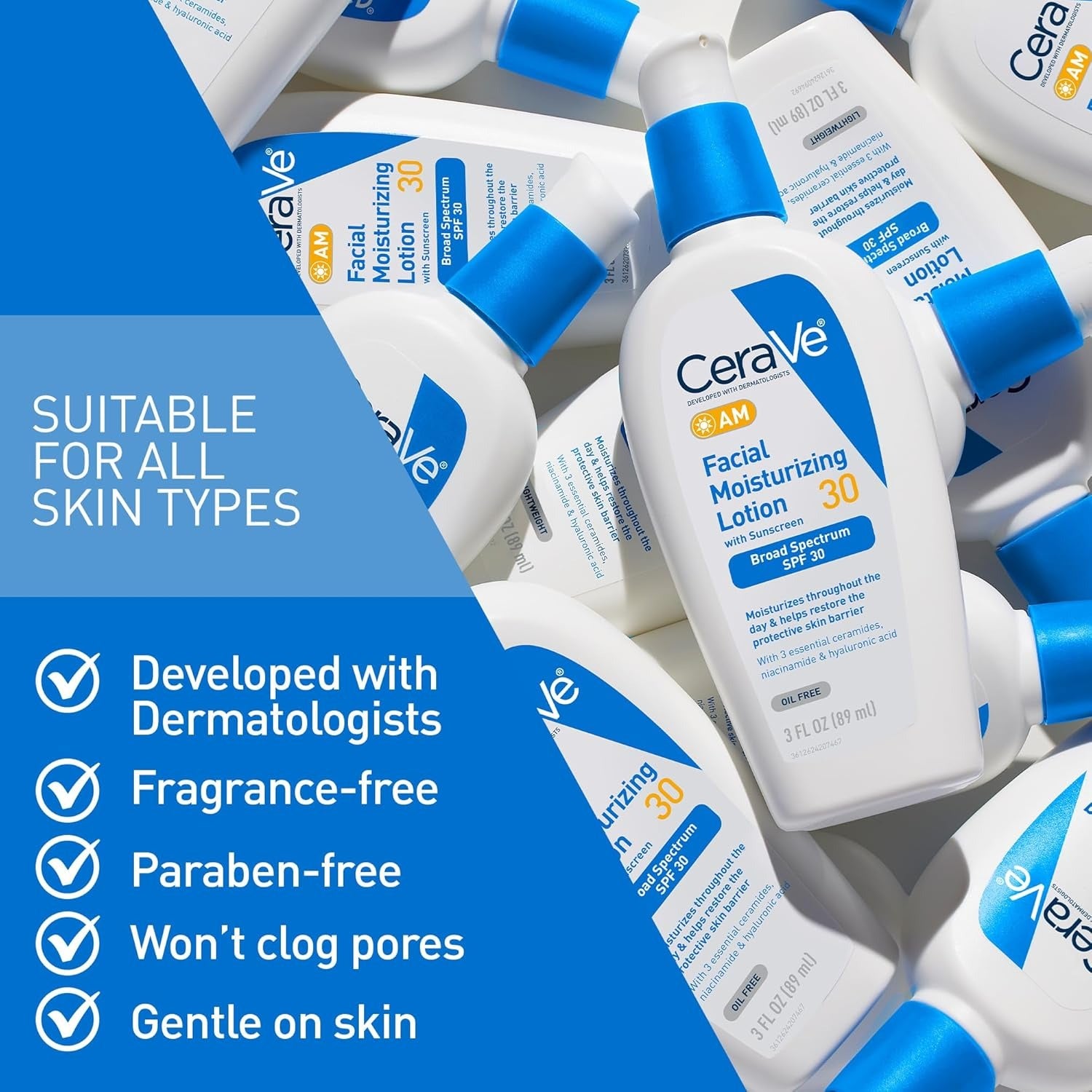 CeraVe AM Facial Moisturizing Lotion with SPF 30, Oil-Free Face Moisturizer with SPF, Formulated with Hyaluronic Acid, Niacinamide & Ceramides, Non-Comedogenic, Broad Spectrum Sunscreen, 3 Ounce