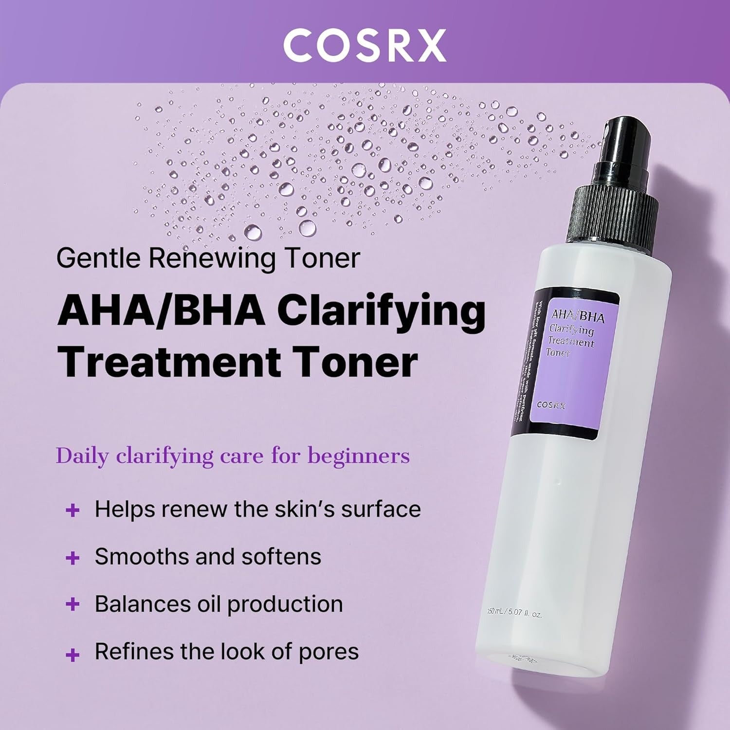 COSRX AHA/BHA Treatment Toner 5.07 fl.oz/ 150ml, Facial Exfoliating Spray for Whiteheads, Pores, & Uneven Skin, Korean Toner, Korean Skin Care, Stocking Stuffers, Gifts for Women, Holiday Gifts