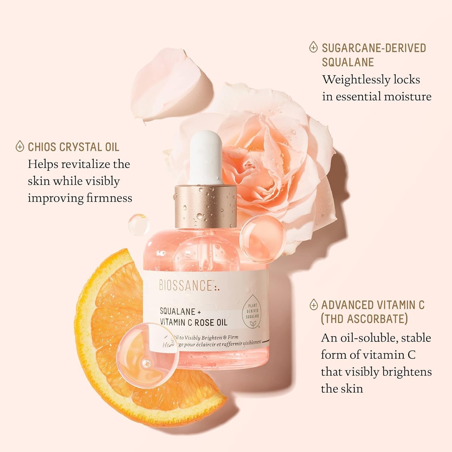 BIOSSANCE Squalane + Vitamin C Rose Advanced Facial Oil - Brightening, Firming, and Hydrating Serum for All Skin Types - Chios Crystal Oil, Damascus Rose Extract & Squalane for Radiance