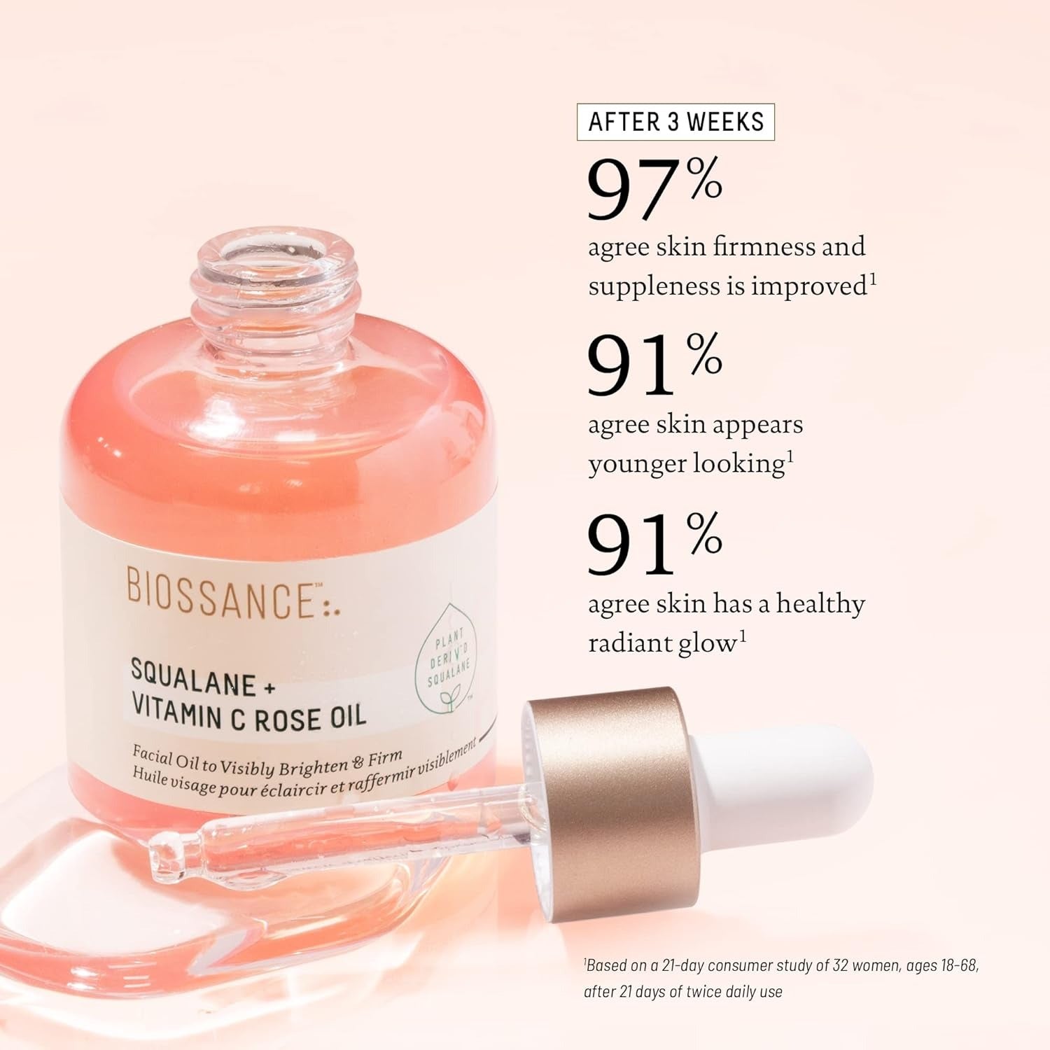 BIOSSANCE Squalane + Vitamin C Rose Advanced Facial Oil - Brightening, Firming, and Hydrating Serum for All Skin Types - Chios Crystal Oil, Damascus Rose Extract & Squalane for Radiance